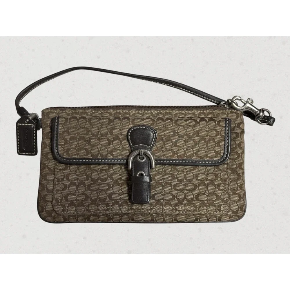 COACH Mini Signature C Buckle Soho Wristlet Brown Front Pocket